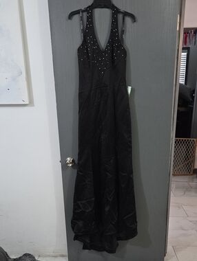 Morgan & Co. Black Beaded Halter V-Neck Prom Gown